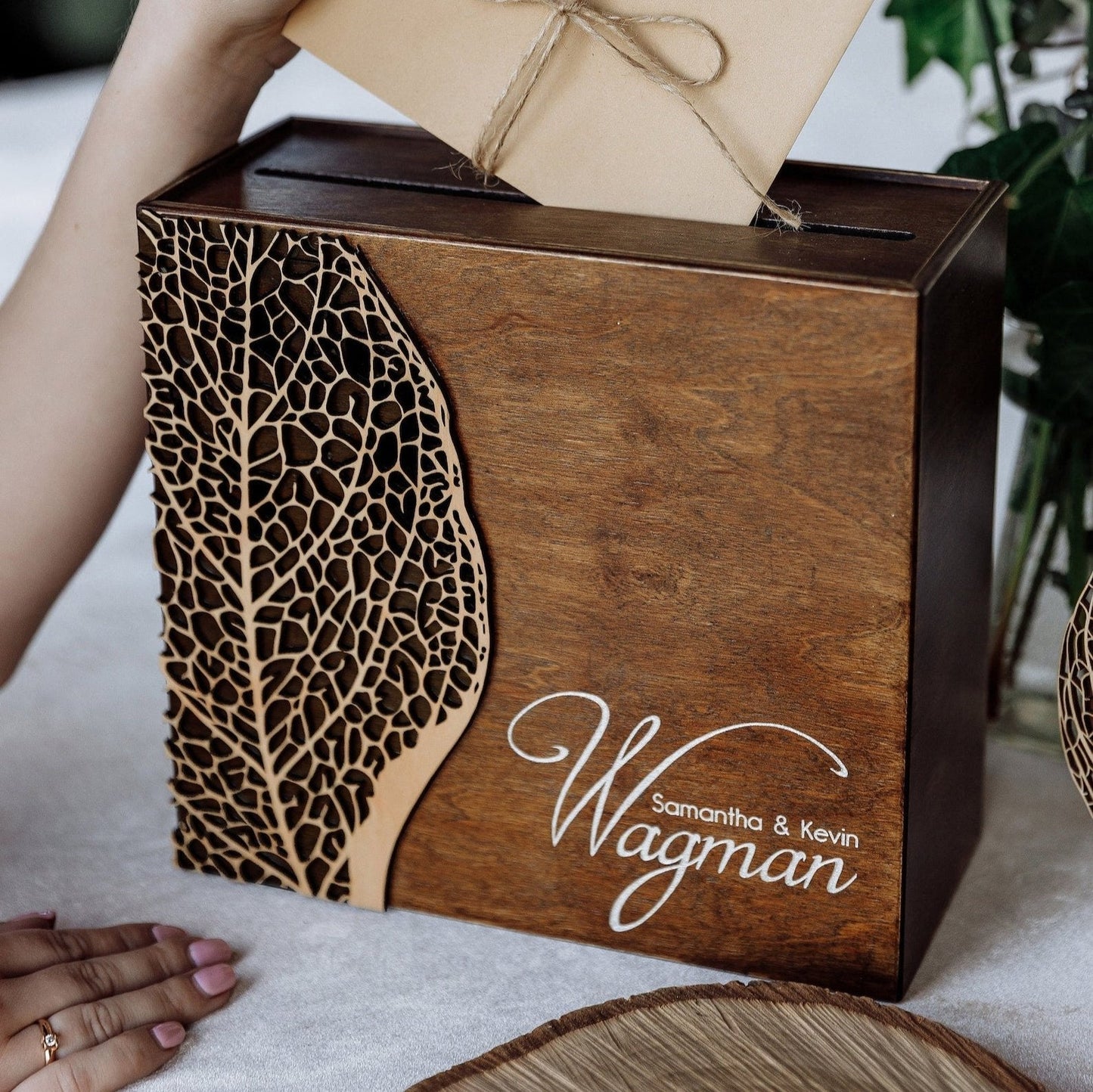 Custom Card Box: Wood Leaf Texture, Honeymoon Fund • Wedding Envelope Box ∙ FITTONIA