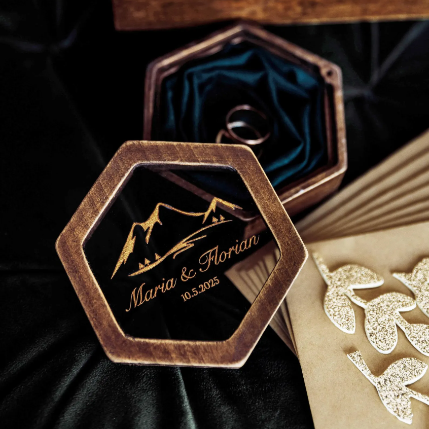 Engraved Mountain Band Holder • Unique Accessory For Wedding Ceremony ∙ Hexagon BROWN