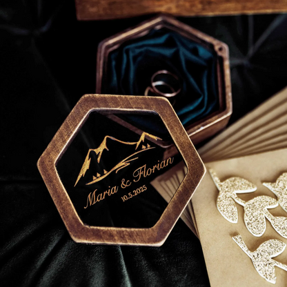 Engraved Mountain Band Holder • Unique Accessory For Wedding Ceremony ∙ Hexagon BROWN