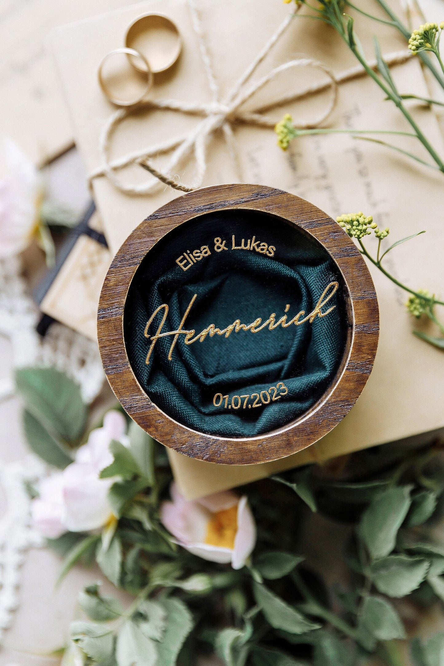 Personalized Wedding Ring Box: Round Wood & Acrylic, Custom Engraved ∙ Round BROWN