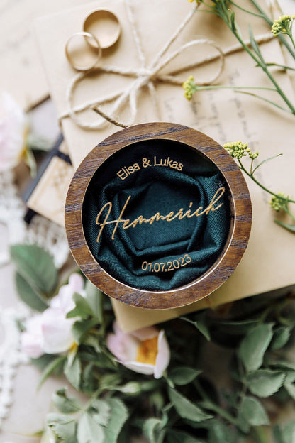 Personalized Wedding Ring Box: Round Wood & Acrylic, Custom Engraved ∙ Round BROWN