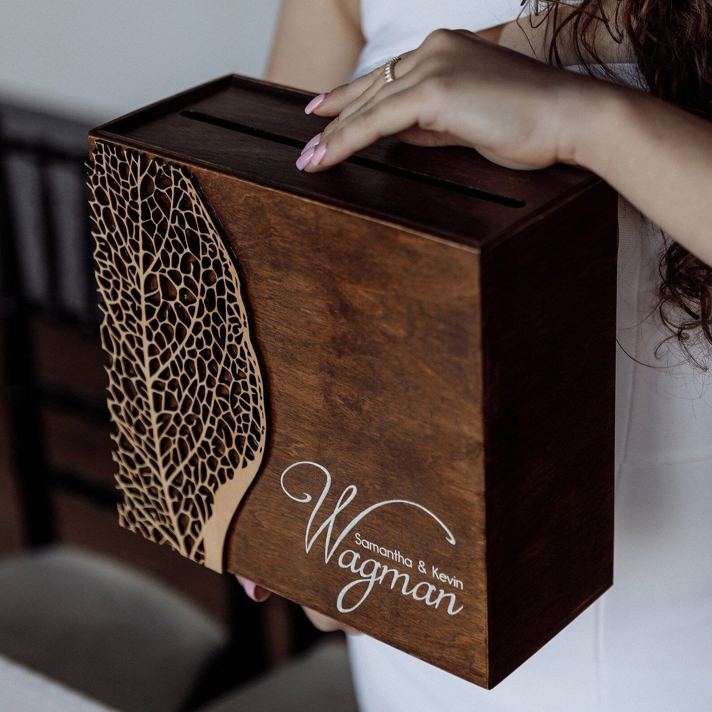 Custom Card Box: Wood Leaf Texture, Honeymoon Fund • Wedding Envelope Box ∙ FITTONIA