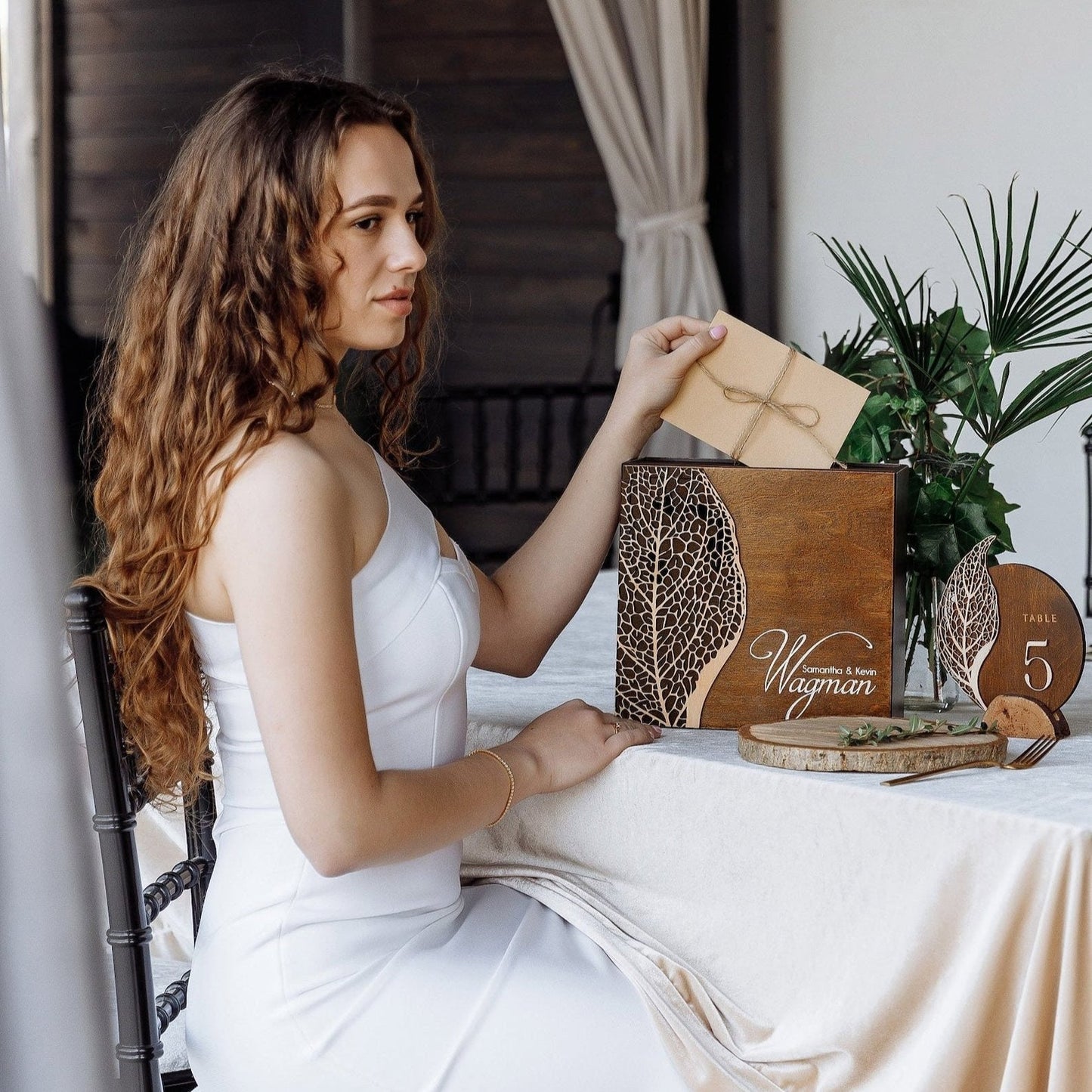 Custom Card Box: Wood Leaf Texture, Honeymoon Fund • Wedding Envelope Box ∙ FITTONIA